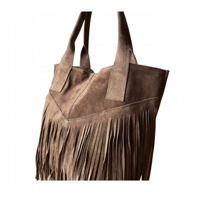 - Cappuccino zamszowa torebka frędzle shopper boho fango ZAMSZ NATURALNY A4
