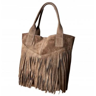 - Cappuccino zamszowa torebka frędzle shopper boho fango ZAMSZ NATURALNY A4