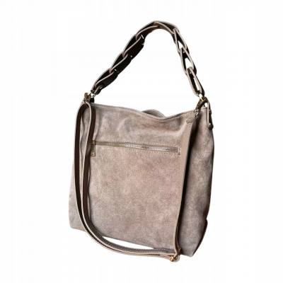 - Cappuccino zamszowa torebka taupe shopper ZAMSZ NATURALNY pleciona rączka ogniwa