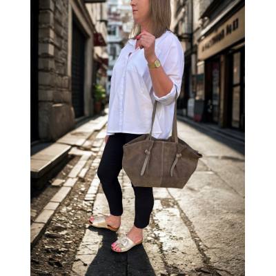 - Cappuccino fango zamszowa torebka shopper ZAMSZ NATURALNY Vera Pelle