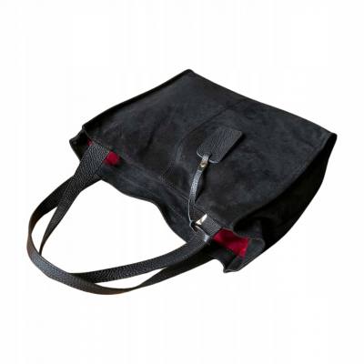 - Czarna zamszowa torebka shopper ZAMSZ NATURALNY Vera Pelle