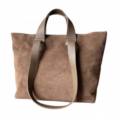 - Cappuccino torebka zamszowa shopper taupe ZAMSZ NATURALNY Vera Pelle
