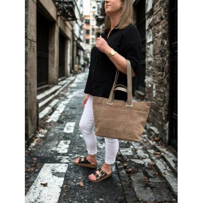 - Cappuccino torebka zamszowa shopper taupe ZAMSZ NATURALNY Vera Pelle