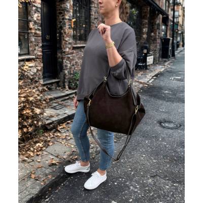 - Czekoladowa zamszowa torebka shopper XL ciemny brąz ZAMSZ A4 Vera Pelle